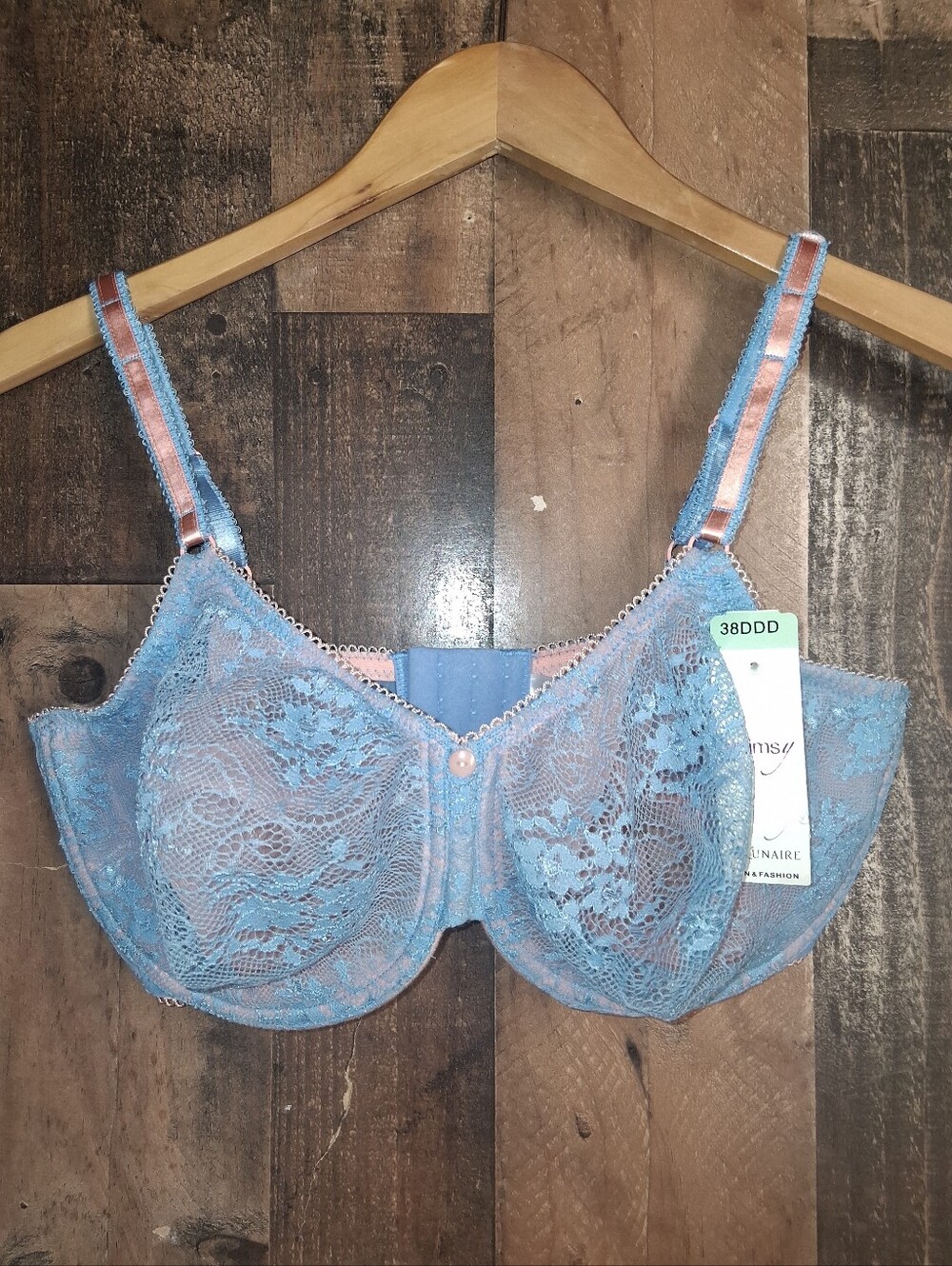 NWT Whims By Lunaire 38DDD Bra Blue Nude Lace